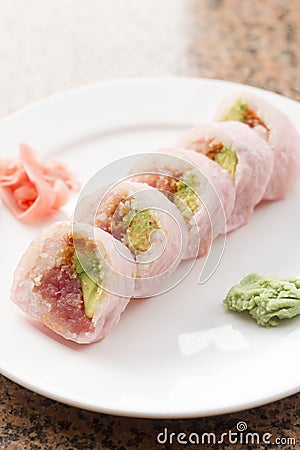 Tuna Avocado Pink Sushi Stock Photo