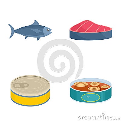 Tuna fish can steak icons set, flat style Vector Illustration