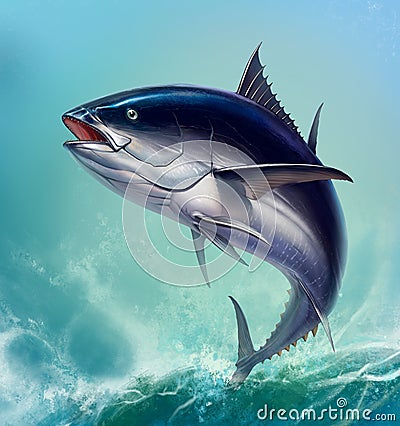 Tuna fish in fast motion Realistic. Black fin tuna blue. Stock Photo