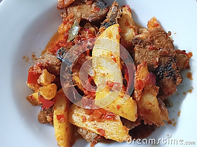 tuna fish and red chili potatoes taste spicy and delicious & x28;Indonesian cash food& x29; Stock Photo