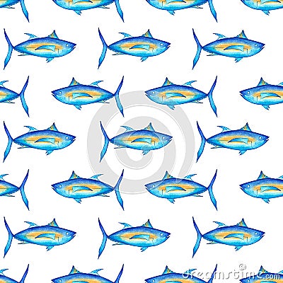 Tuna fish on a white background. Blue ocean fish. Seamless watercolor pattern. Source of Omega 3. For printing and Cartoon Illustration