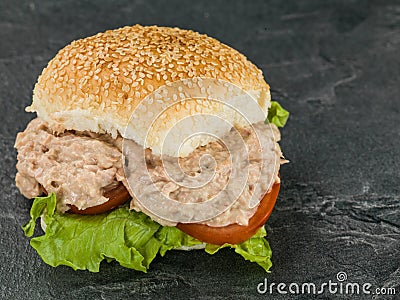 Tuna and Mayonnaise Salad in a Sesame Bread Roll or Bun Sandwich Stock Photo