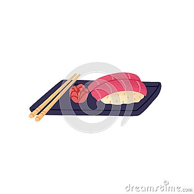 Tuna nigiri, Asian sea food served on board with chopsticks and ginger. Japanese sushi with rice and red fish. Japan Vector Illustration