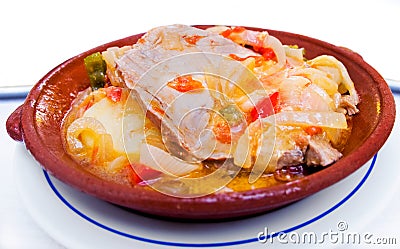Tuna with onions stew Tavira style, Algarve. Portugal. Stock Photo