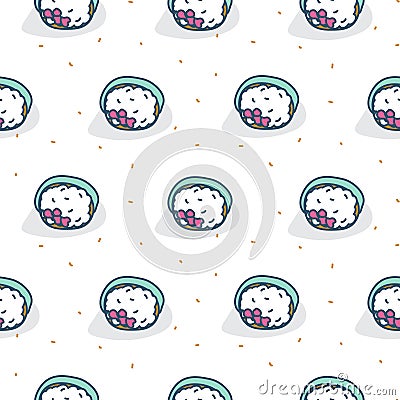 Tuna roll sushi seamless white pattern. Vector Illustration