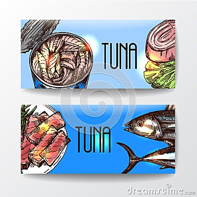 Tuna sketch vector illustration. Hand drawn set of pictures with fish. Food illusttration for menu of care. Vector Illustration