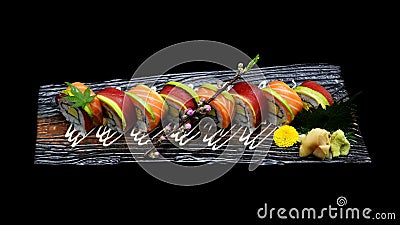 Tuna sushi maki roll and Salmon sushi maki roll. Japanese sushi fish roll. Japanese tradition fusion Stock Photo