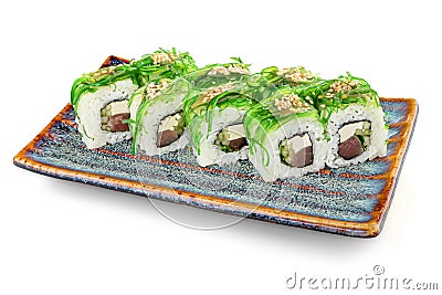 Tuna uramaki on a white background , classic Japanese sushi. Stock Photo