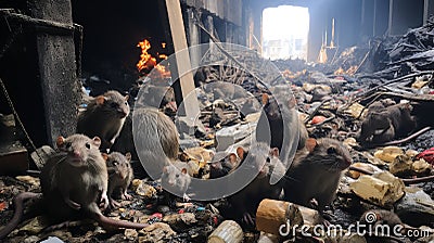 Tunel streets, lots of rats eating leftover food, piles of rubbish, small and large rats Generate AI Stock Photo