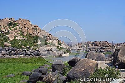 Tungabhadra river and rocky terrain. Hampi, Karnataka Editorial Stock Photo