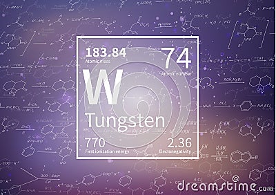 Tungsten chemical element with first ionization energy, atomic mass and electronegativity values on scientific Vector Illustration