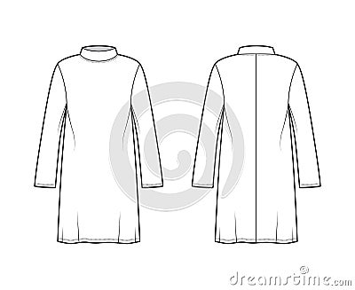 Tunic sweater technical fashion illustration with stand-away collar, long sleeves, oversized, knee length. Flat modest Vector Illustration