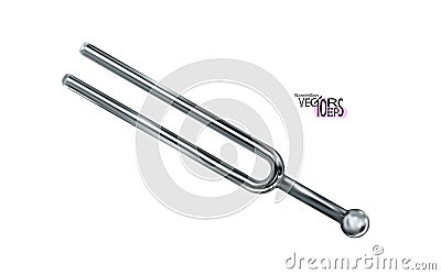 Tuning fork, realistic metal musical equipment. Acoustic resonator isolated on white background. Chrome object for tuning music Vector Illustration