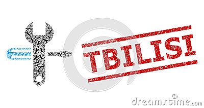Tuning Fractal Mosaic of Tuning Icons and Textured Tbilisi Seal Vector Illustration
