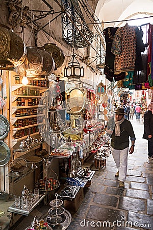 Souvenirs and People in the Medina of Tunis, Tunisia Editorial Stock Photo