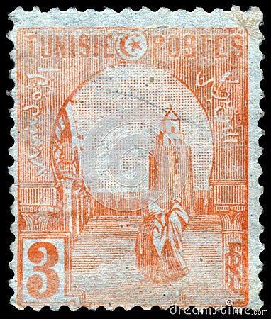 Stamp printed in Tunis, shows a Great Mosque Kairouan Editorial Stock Photo