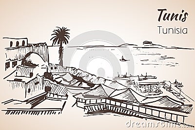 Tunisia coastline resort sketch. Vector Illustration
