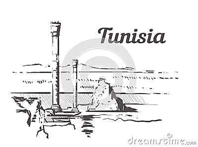 Tunisia hand drawn. Baths of Antoninus in Carthage sketch style vector illustration Cartoon Illustration