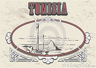 Tunisia hand drawn. Baths of Antoninus in Carthage sketch style vector illustration in vintage frame Cartoon Illustration