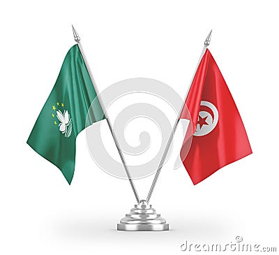 Tunisia and Macau table flags isolated on white 3D rendering Stock Photo