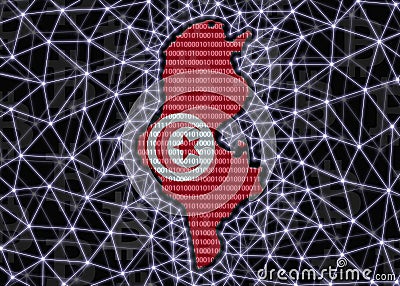 Tunisia map silhouette on black background with binary code and blockchain grid. Russian state digital currency concept Stock Photo