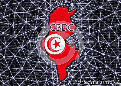 Tunisia map silhouette with CBDC inscription on a black background with binary code and blockchain grid. Tunisian State Digital Stock Photo