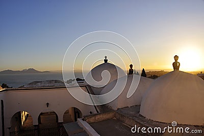 Tunisia: The mosque of Sidi Bou Said at sunset with a beautifull ocean view Stock Photo