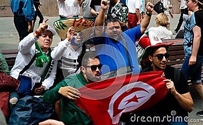Tunisian Football fans at Nikolskaya Street in Moscow at FIFA football world cup, 2018, Russia Editorial Stock Photo
