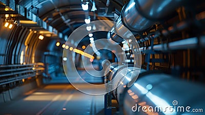 The tunnel is alive with motion as technicians and scientists dart in and out finetuning the particle accelerator Stock Photo