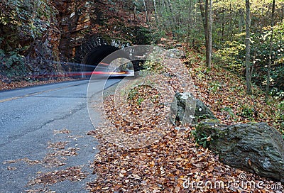 Tunnel with autum leaves and trail lights Stock Photo