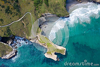 Tunnel Beach, Dunedin, New Zealand, aerial view Stock Photo