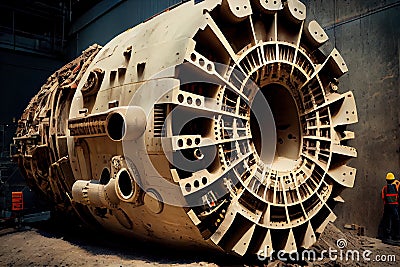 tunnel boring machine, with its head and rotating drill bits visible, carving out new tunnel Stock Photo