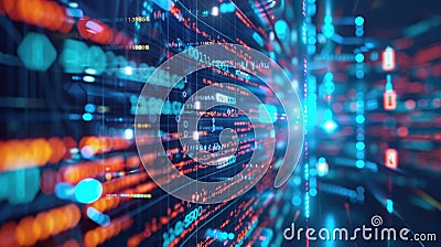 Tunnel of cyber data in abstract digital space, fast lights and code as dark information background. Theme of speed, secure Stock Photo