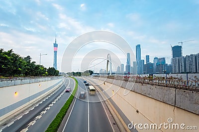 Tunnel with guangzhou skyline Stock Photo