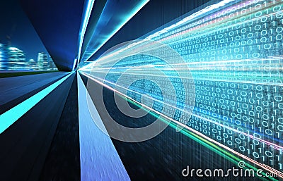 Tunnel road with binary code numbers on motion blurred asphalt road Stock Photo