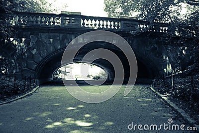 Tunnel under the bridge in dark green vintage style, Central Park Stock Photo