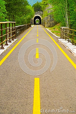 Tunnels on Ciclovia Alpe Adria Radweg bike lane Stock Photo