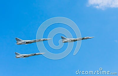 3 Tupolev Tu-22M3 (Backfire) supersonic maritime strike bombers fly Editorial Stock Photo