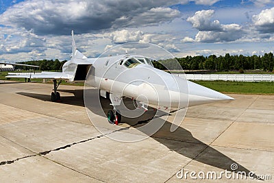 Tupolev Tu-22M3 RF-94142 bomber standing at Kubinka air force base during Army-2015 forum Editorial Stock Photo