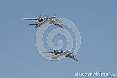 The Tupolev Tu-95 NATO reporting name: `Bear` is a large, four-engine turboprop-powered strategic bomber and missile platform Editorial Stock Photo