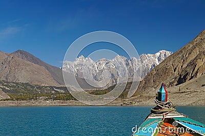 Tupopdan peaks while looking from the boat in Northern Pakistan Stock Photo