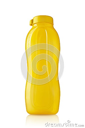 Tupperware plastic bottle. Plastic yellow drinking bottle with ergonomic cap isolated on white background. Eco-bottles of the Editorial Stock Photo