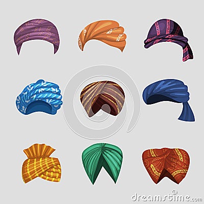 Turbans. Authentic arabian head clothes indian turbans recent vector cartoon illustrations Vector Illustration