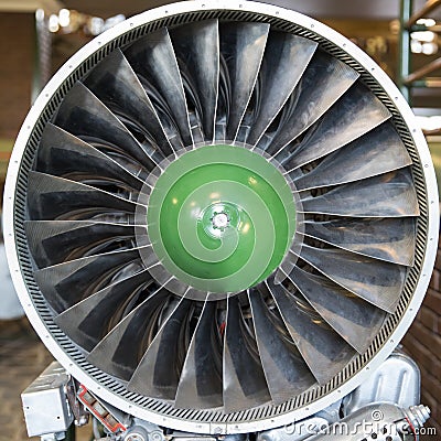 Turbine blades of turbo jet engine for plane, aircraft concept in aviation industry Stock Photo