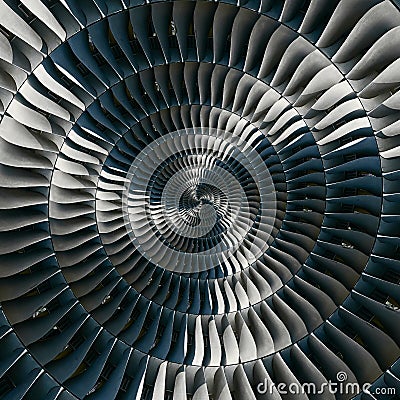 Turbine blades wings spiral effect abstract fractal pattern background. Spiral industrial production metallic turbine background. Stock Photo