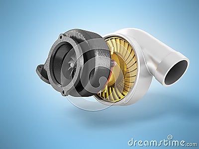 The turbine to the machine is black gray gold 3d render on blue Stock Photo