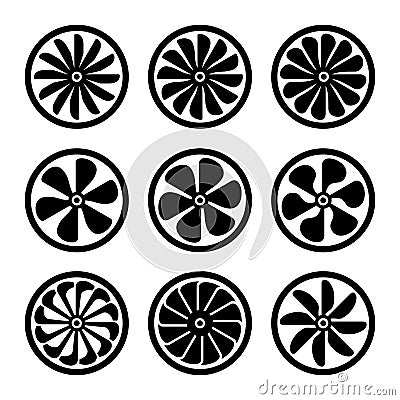 Turbines Icons Set. Turbojet Engine Power. Vector Vector Illustration