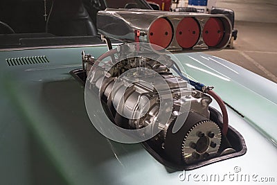 Turbo charger on race car engine Stock Photo
