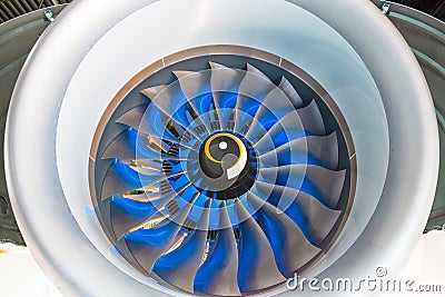 Turbo jet engine of the plane, close up in the blue light from the inside Stock Photo