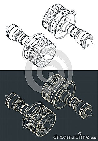 Turbofan Engines Isometric Drawings Vector Illustration
